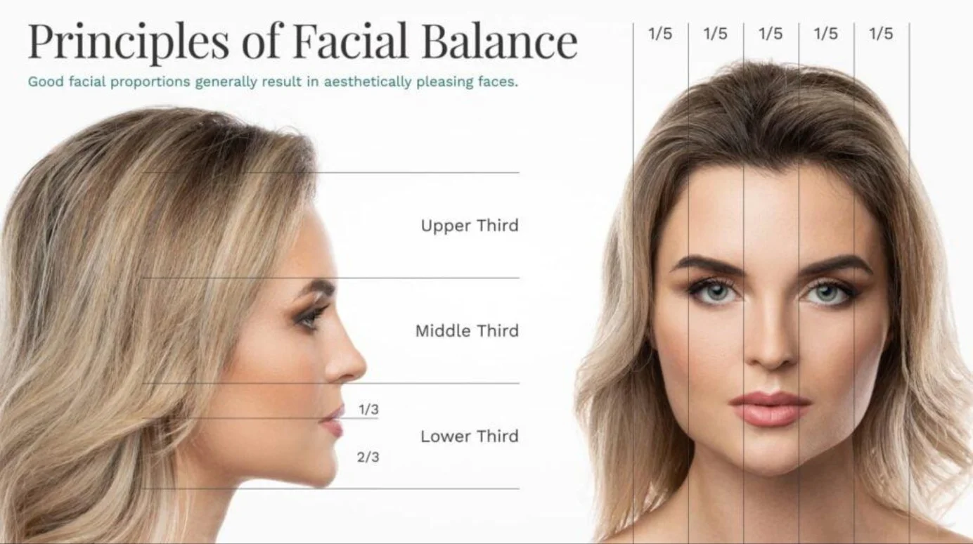 Facial balance diagram showing the face divided into equal thirds vertically and fifths horizontally, the proportions of a harmonious smile.